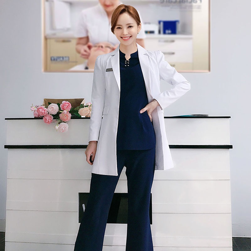 Medical Lab Years - 長袖白白衣ドクター制服スリムフィット歯科作業服美容医療アパレル韓国スタイルポリエステル作業服