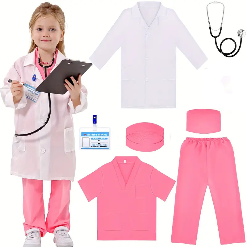Medical Lab Coat - 子供のための医師と看護師のコスプレ衣装,白い実験室のコート,アクセサリー付きのユニフォーム,医療,ドレスアップ,クリスマス,ハロウィーンの贈り物,男の子と女の子,7個