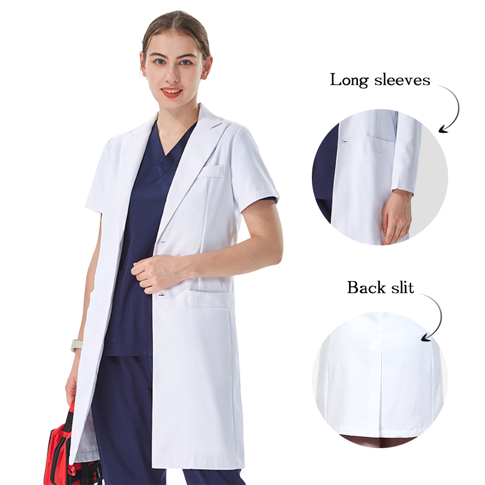 Medical Lab Coat - 丁寧なラペルカラーの白い白衣 医師用 コットンポリエステル 病院医療ユニフォーム 女性用 スリムフィット