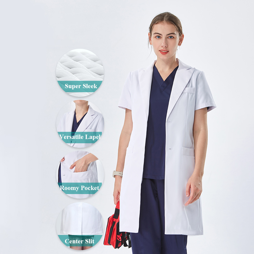 丁寧なラペルカラーの白い白衣 医師用 コットンポリエステル  - Medical Lab Coat のレビューと価格
